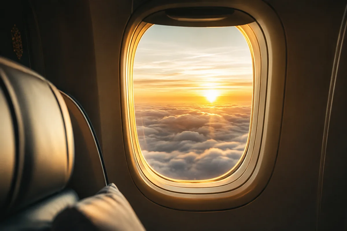 Vista da janela durante voo internacional ao amanhecer